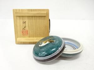 九谷焼　西田伸也造　色絵　群鶴　香合